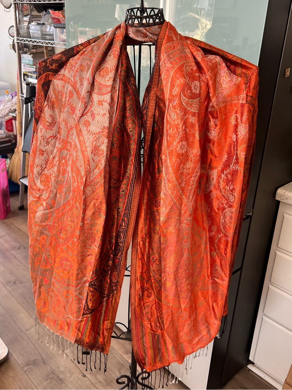 NWT✨Indian Jamawar Pashmina Paisley Shawl Scarf Reversible Orange Crimson Gold✨